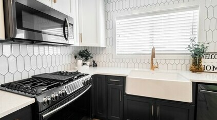 Designer kitchen in the Palisade showhome in the community of Hills at Charlesworth, Edmonton, Alberta. 