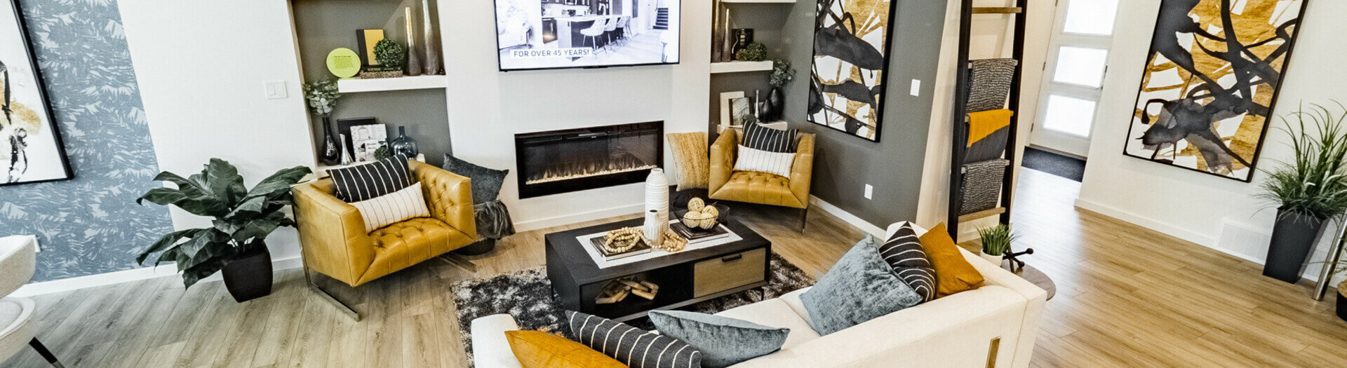 Living room in the Ruby showhome in the community of Hills at Charlesworth in Edmonton, Alberta.