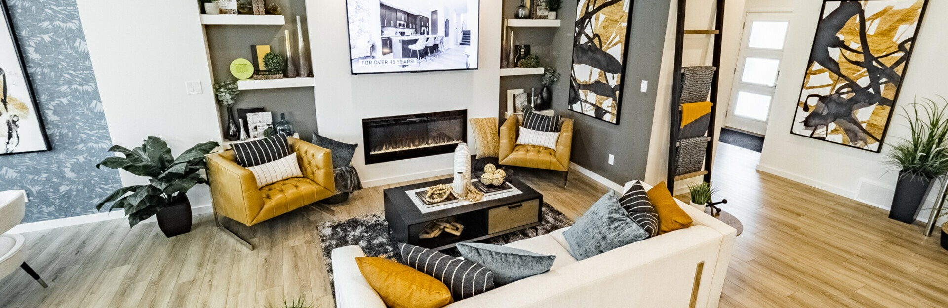 Living room in the Ruby showhome in the community of Hills at Charlesworth in Edmonton, Alberta.