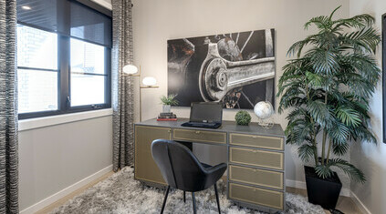 Home office in our Catalina model showhome in the community of Kinglet by Big Lake in Edmonton, Alberta, Canada. 