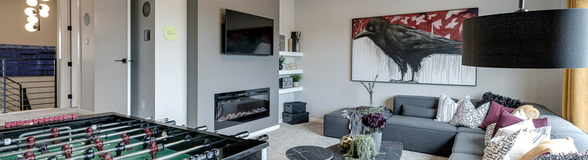 Bonus room in the Catalina showhome in the community of Kinglet by Big Lake in Edmonton, Alberta.