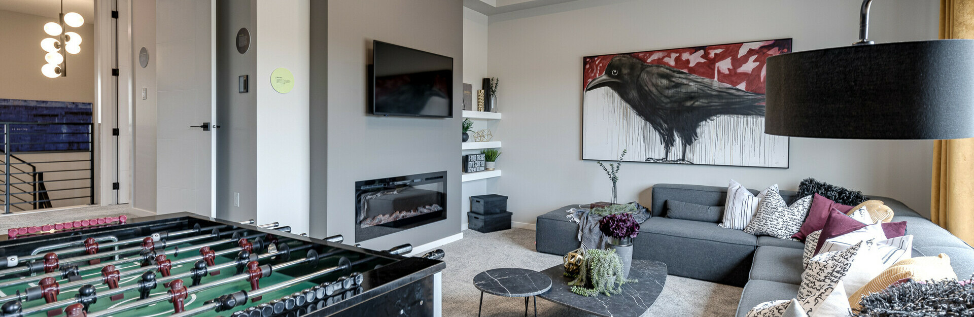 Bonus room in the Catalina showhome in the community of Kinglet by Big Lake in Edmonton, Alberta.